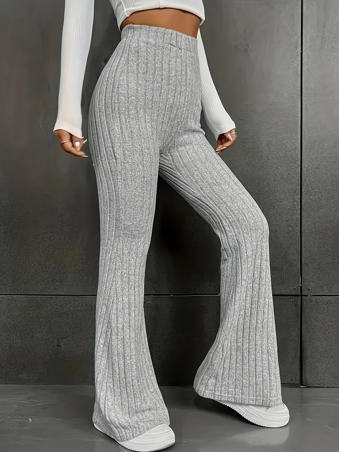 Pantalon évasé côtelé grande taille pour femme avec taille élastiques