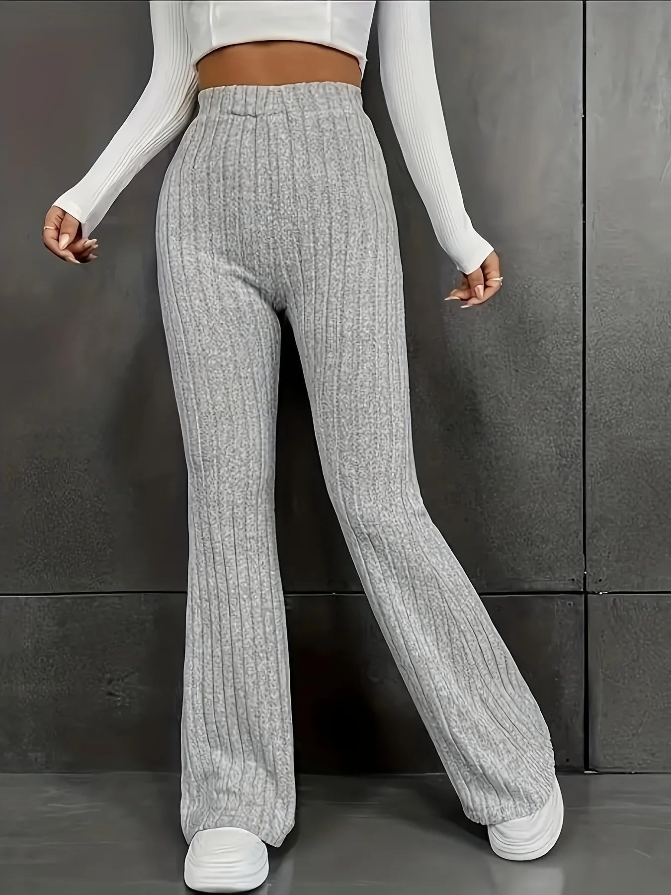Pantalon évasé côtelé grande taille pour femme avec taille élastiques